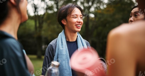 Preview: Outdoor, friends and laugh with discussion at yoga session for health, self care or support in Japa