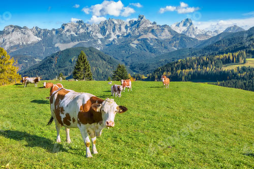 Preview: View of Alpine meadows and mountains and grazing cows near St. Martin am Tennengebirge.