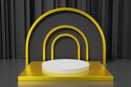 Preview: Elegant Golden Arch Stage with White Cylindrical Platform