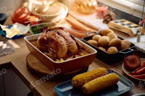 Preview: Close up of roast turkey during Thanksgiving dinner preparation.