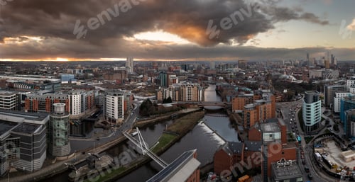 Preview: Aerial panorama of Leeds Dock and River Aire in a cityscape skyline at sunrise