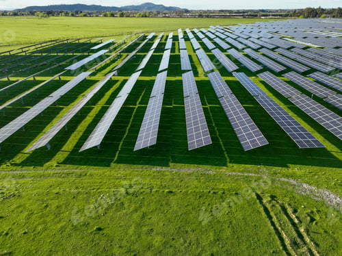 Preview: Solar panels on field in summer, aerial drone view