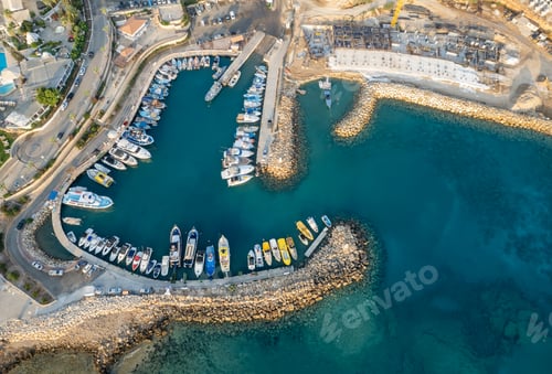 Preview: Drone aerial scenery fishing port at pernera Protaras Cyprus. Fishing boats moored in the harbour
