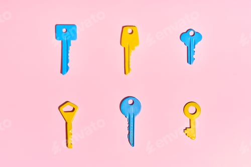 Preview: Colorful keys on pink background.