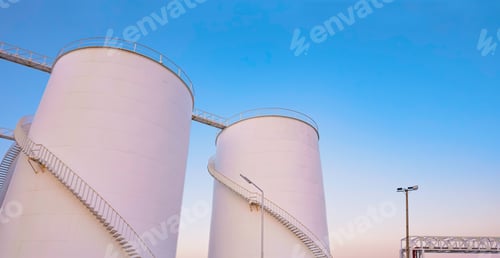 Preview: Storage fuel tanks with oil pipeline system in petroleum industrial area at harbor in evening time
