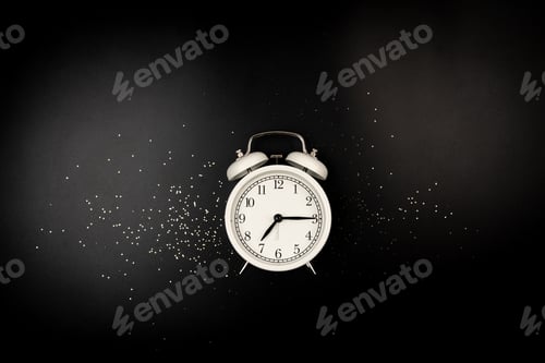 Preview: flat lay with white alarm clock