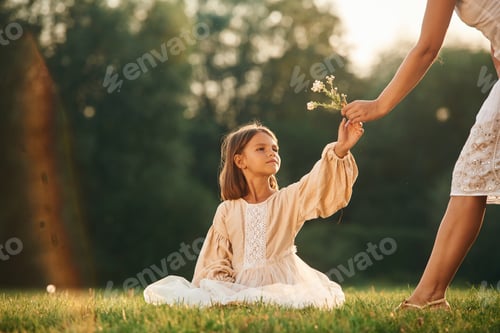 Preview: Taking little flowers from parent. Woman with her daughter is on the summer field