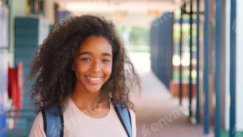 Preview: Portrait Of Smiling Female High School Student Standing Outside College Building