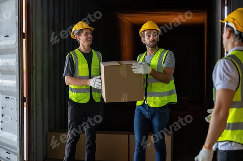 Preview: Worker carry carton box taken from 40 feet steel container on the trailer truck park at warehouse