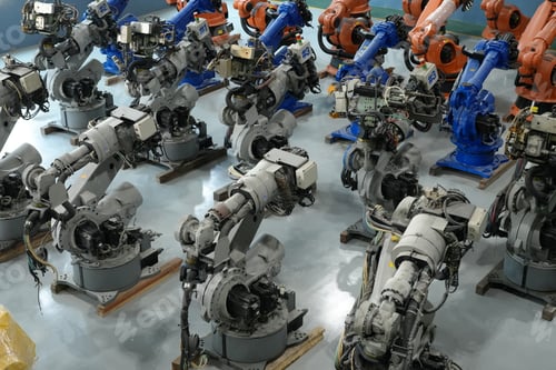 Preview: Robotics engineer working on maintenance of robotic arm in factory warehouse. Business technology.