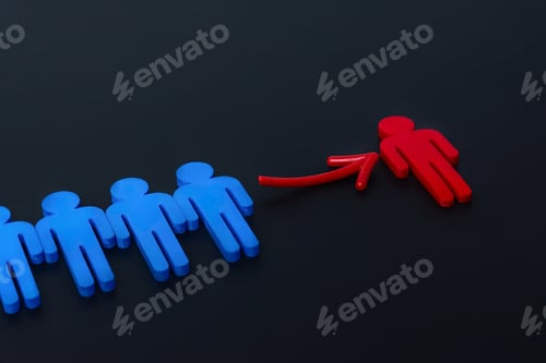 Preview: A line of blue human figure with a red human figure being singled out and pointed to by a red arrow.