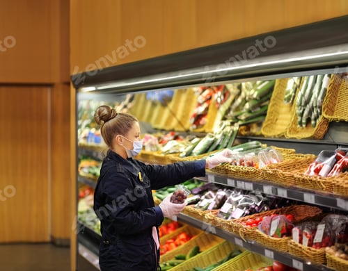 Preview: Supermarket Shopping, Face Mask And Gloves,Woman Buying Vegetables At The Market