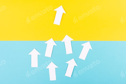 Preview: White arrows on a blue background, one is standing out, do different, be a winner, individuality