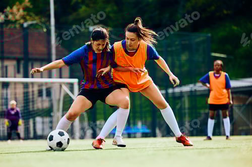 Preview: Female players tackling during soccer practice on playing field.