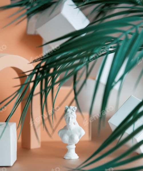Preview: Little bust of antique statue and geometric figures and palm leaves around