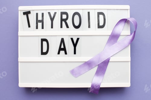 Preview: inscription international thyroid day and violet ribbon on purple background