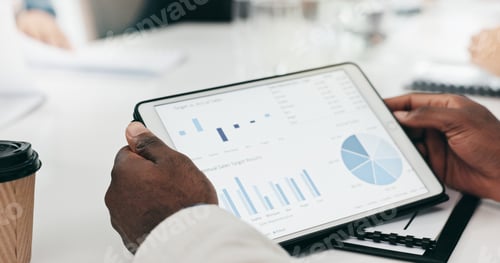 Preview: Business hands, screen and tablet for data analytics, graphs and chart or marketing profit, increas