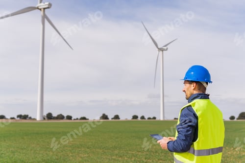 Preview: Engineer in a wind energy field using his digital tablet.
