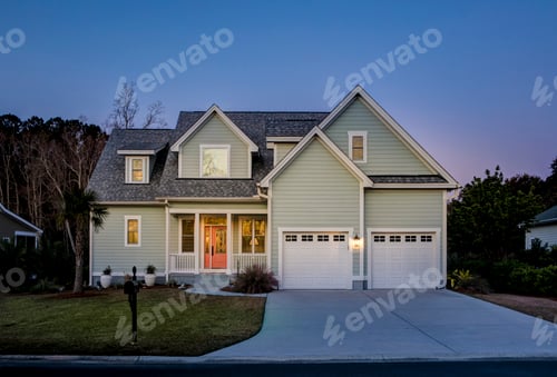 Preview: Front elevation of beautiful home lit up at twilight.