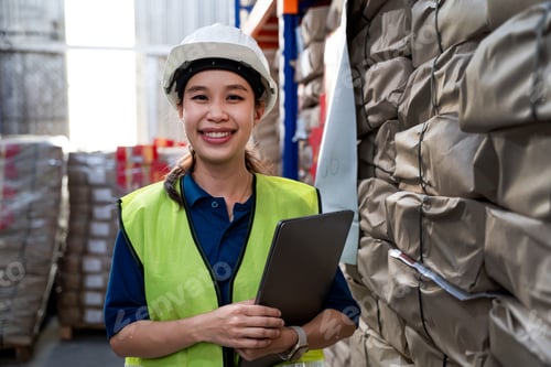 Preview: A woman wearing a yellow vest and a hard hat is smiling and holding a laptop