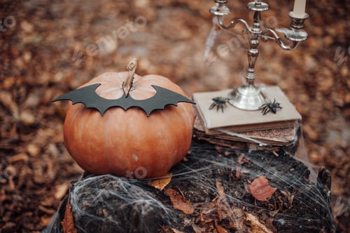 Preview: Halloween pumpkin and holiday decor at maple leaves among trees in autumn season outdoor