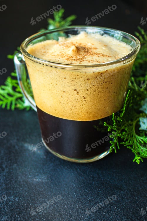 Preview: Coffee Hot Foam Cocoa Cup Or Hot Chocolate On The Table New Year Mood Menu Food Background Copy