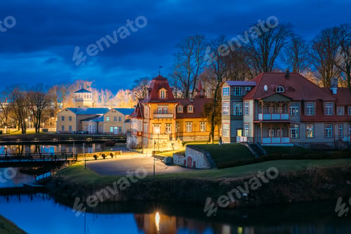 Preview: Kuressaare, Estonia. Old Wooden Mansion Ekesparre Boutique Hotel In Wooden Art Nouveau In Evening