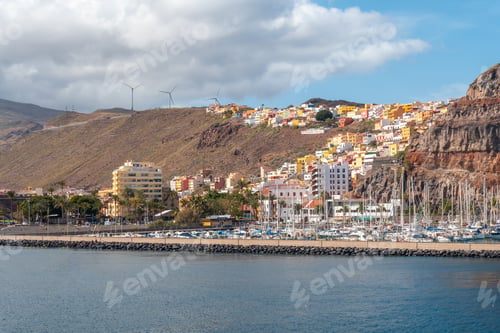 Preview: View of the city and the port of San Sebastian de la Gomera seen from the ferry heading to Tenerife