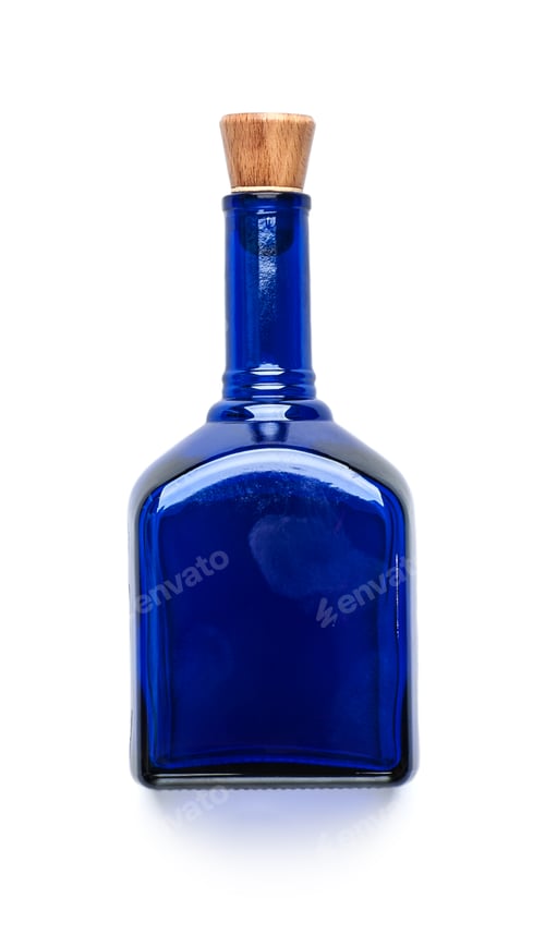 Preview: Blue glass bottle with a wooden lid on a clean white background.