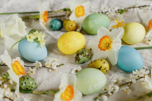 Preview: Happy Easter! Stylish easter eggs and blooming spring flowers on rustic table