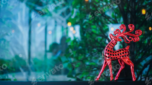 Preview: Red Reindeer Christmas Decoration In Cafe Shop For New Year And Christmas Concept Background