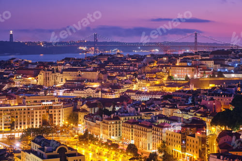 Preview: Evening view of Lisbon from Miradouro da Senhora do Monte viewpoint. Lisbon, Portugal