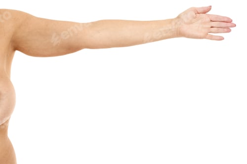 Preview: Obese adult woman showing arm over white background