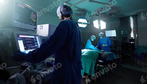 Preview: Back, medicine and monitor with a doctor in theater for surgery or a healthcare procedure at the ho