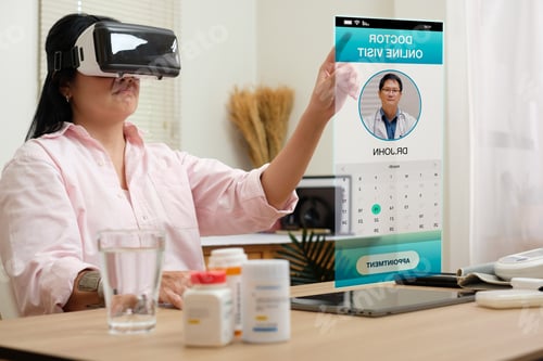 Preview: asian woman telemedicine doctor online visit with virtual reality technology vr glasses at home