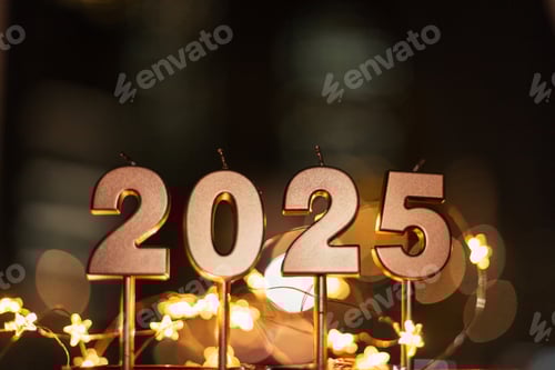 Beautiful festive gold 2025 candles at night with bokeh lights stars. Happy new year 2025