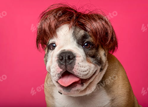 Preview: Cute bulldog puppy wearing a funny wig posing