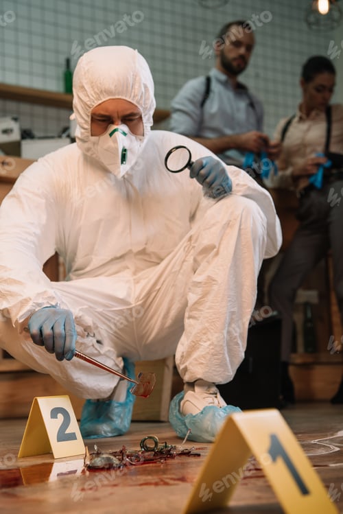 Preview: concentarted forensic investigator examining evidence with magnifying glass at crime scene with