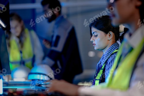 Preview: A happy, diverse team of engineers in safety vests collaborates at night.