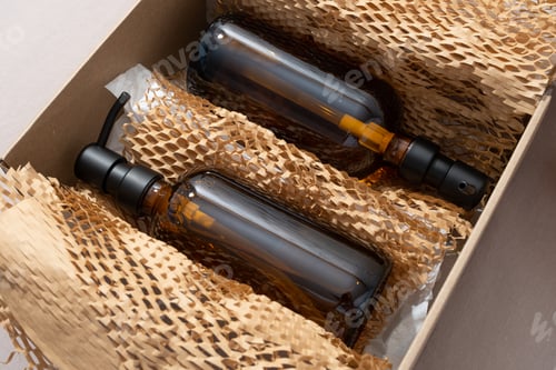Preview: amber glass cosmetic bottles dispensers in box , unpacking eco friendly gift