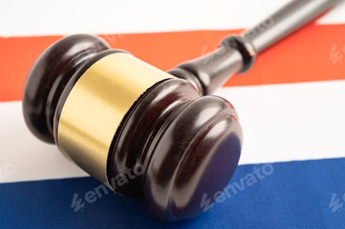 Preview: Netherlands flag with judge hammer, Law and justice court concept.