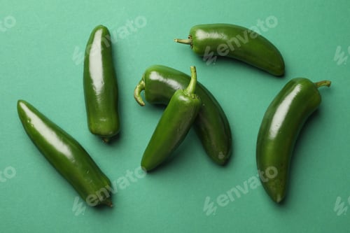 Preview: Ripe jalapeno peppers on green background, flat lay