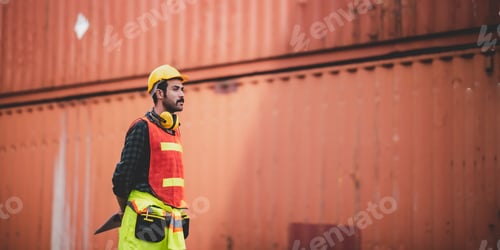 Preview: foreman or engineer work in container shipping industry warehouse, logistic transport delivery
