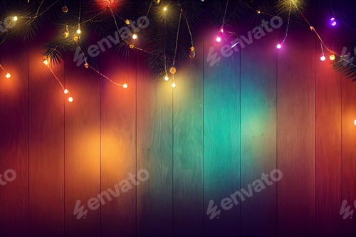 Preview: Mockup rustic wood table in front of glitter colorful bright bokeh lights of christmas ornaments and