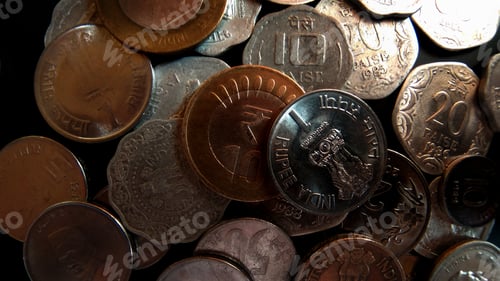 Preview: Closeup overhead shot of coins displaying Indian currency of various values on a dark background