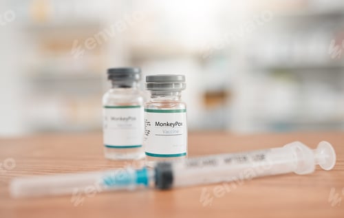 Preview: Pharmacy, syringe and medication for monkeypox vaccine, medication or cure in healthcare on table.