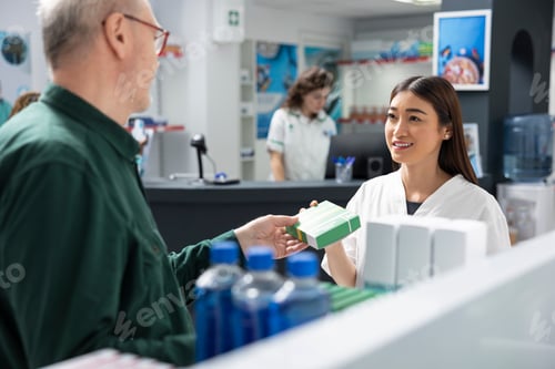 Preview: Aged male client in apothecary listens to a pharmacist advice on self care