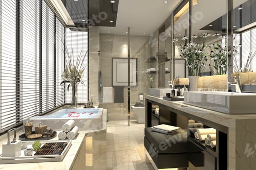 Preview: 3d rendering modern classic bathroom with luxury tile decor with nice nature view from window