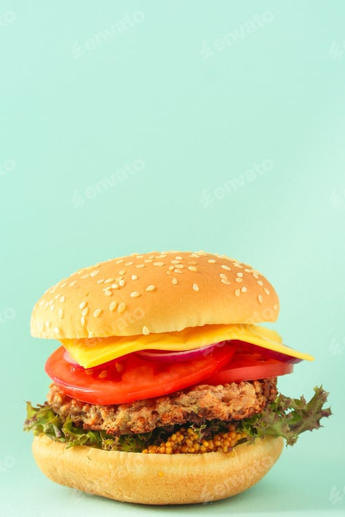 Preview: Burger (Roll, Cutlets, Cheese, Lettuce, Tomato, Onion, Sauce And More) Menu Concept. Food