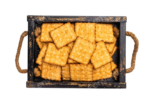 Preview: Square salty crackers in wooden tray isolated on white background, top view